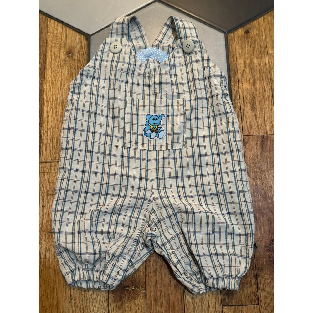 Vintage no tag elephant plaid overall shortalls outfit romper 3-6m 6-9m CUTE!